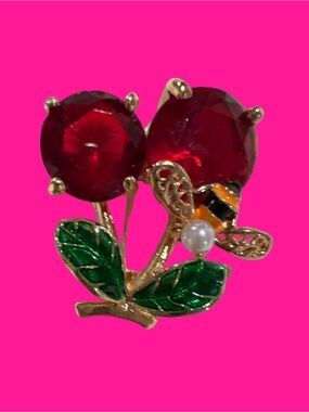 Gold-Tone Red Crystal Rose Pin Brooch with Enamel Leaves and Bee Accent